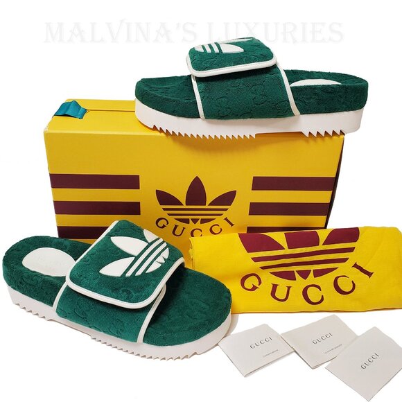 GUCCI MENS SHOES ADIDAS X GG GREEN COTTON SPONGE PLATFORM SANDAL SLIDE sz 9 9.5 - Picture 2 of 16